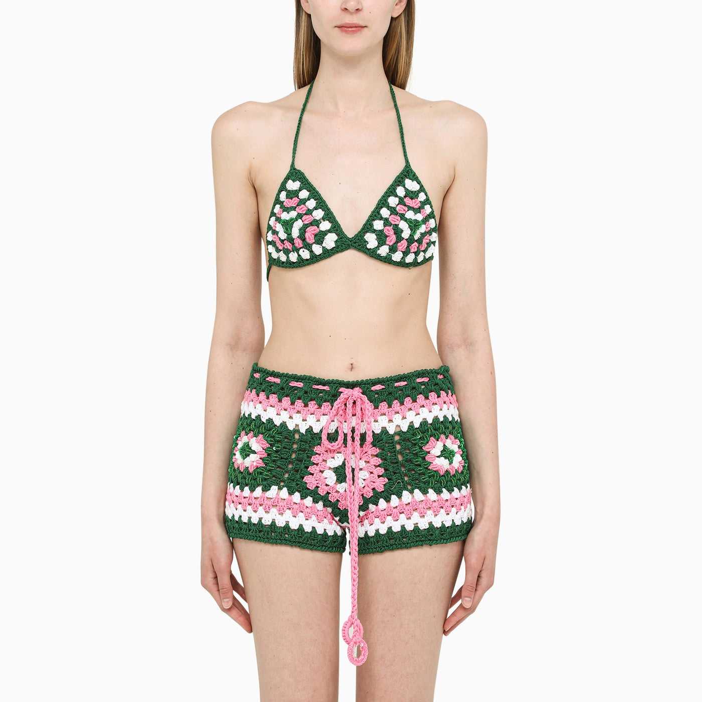 Matimì, matimì green/white/pink crochet bikini top